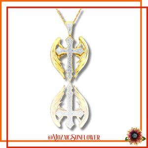 Gothic Crystal Encrusted Cross Golden Angel Wings Necklace NWT